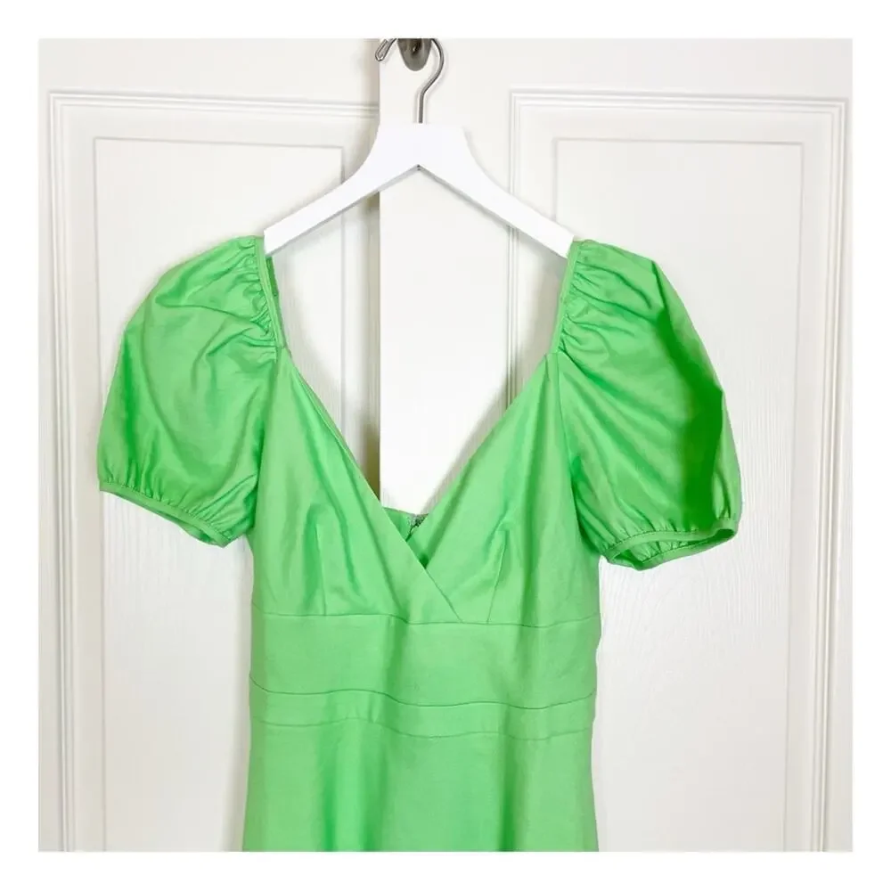 J. Crew Lime Green V-neck Midi Dress Puff Sleeve Linen Blend NWT Sz 4